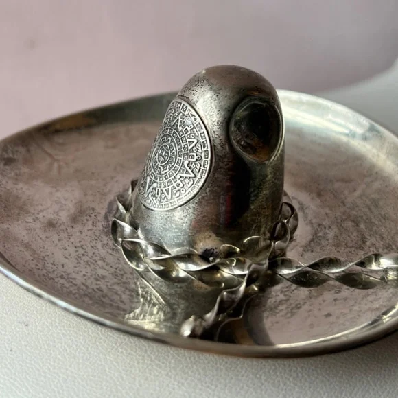 HEAVY Mexican Sombrero Hat 925 SS trinket jewelry ring dish Mayan Aztec Calendar